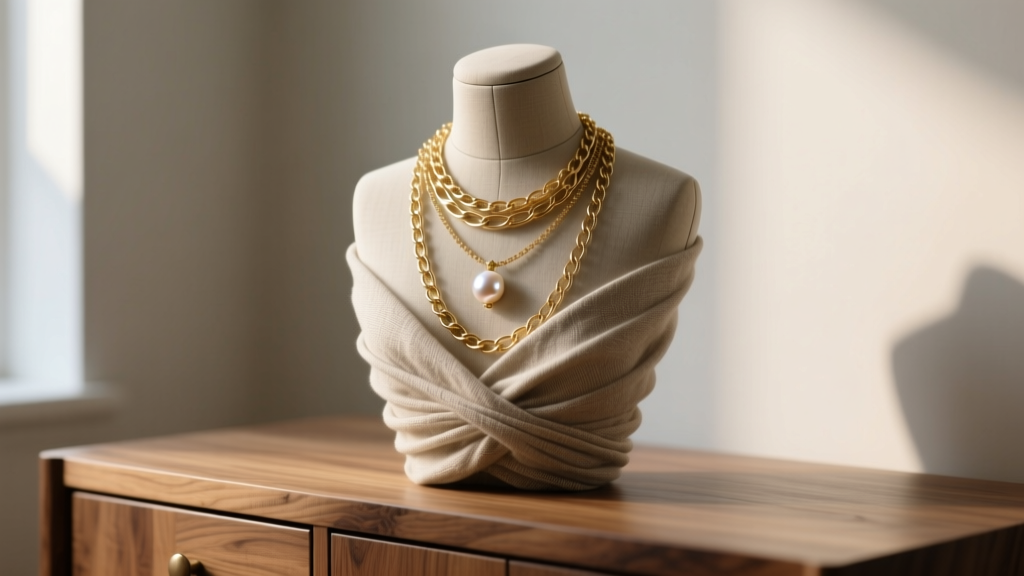 Linen-wrapped mannequin necklace bust on oak vanity displaying layered gold chains and a pearl pendant in soft light.