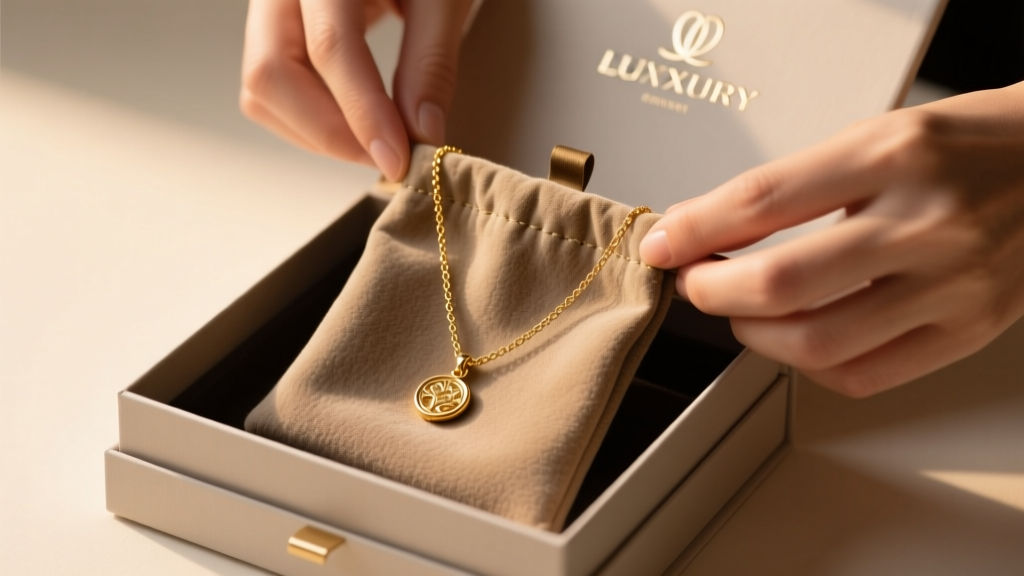 Hands packing a gold vermeil necklace into an anti-tarnish suede pouch inside a branded luxury gift box under warm ambient light.