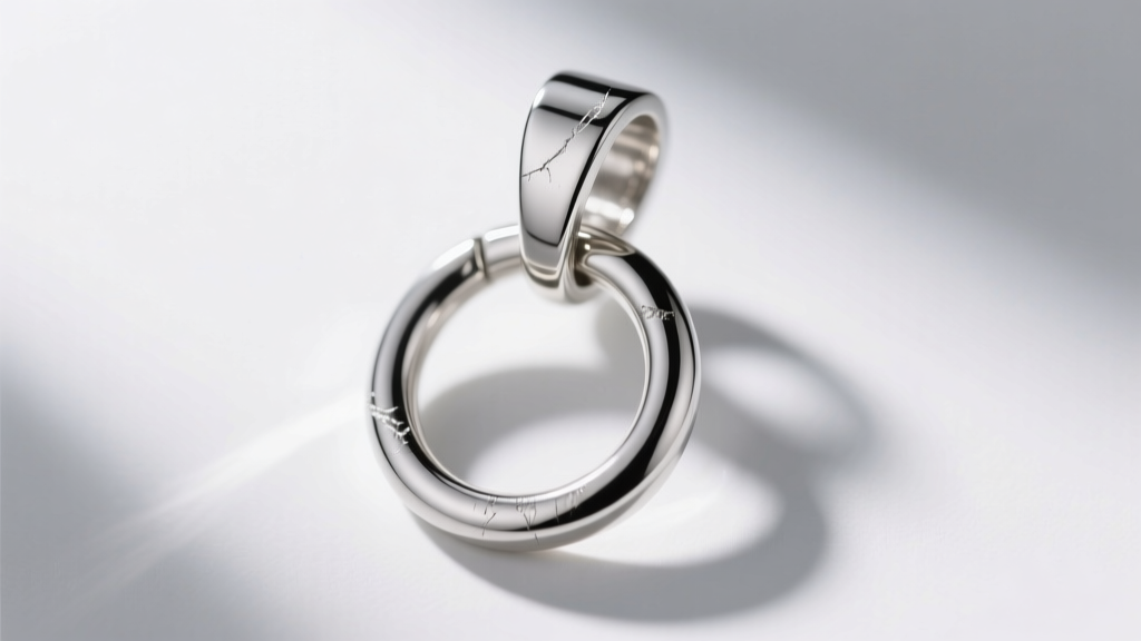 Macro view of a silver hand pendant bail, showing a custom soldered jump ring to stop heavy fingers from flipping over.