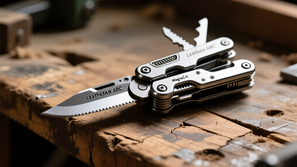 Close-up of the Leatherman ARC multitool fully deployed on a scarred wooden workbench, highlighting the MagnaCut blade under harsh lighting.