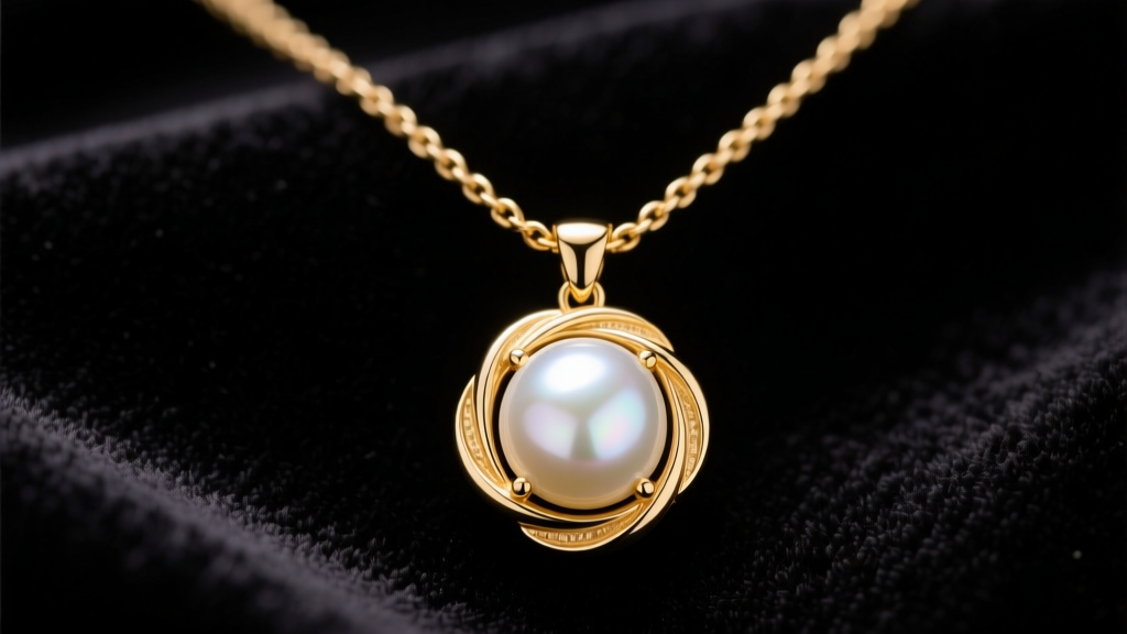 Close-up of an 18k gold Judith Ripka necklace with berge motif and a 12mm white South Sea pearl pendant on dark velvet.