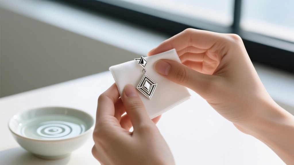 Hands gently wiping a silver-plated fashion earring with a soft microfiber cloth, a small bowl of mild soapy water in the background.
