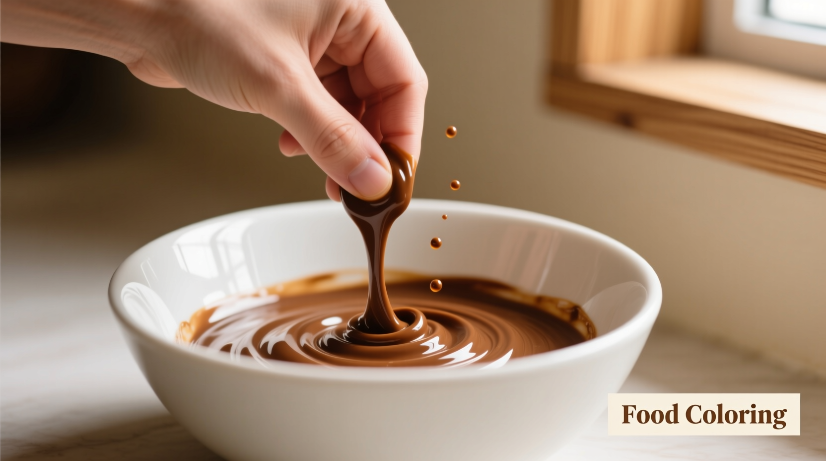 Hand mixing brown food coloring in white bowl