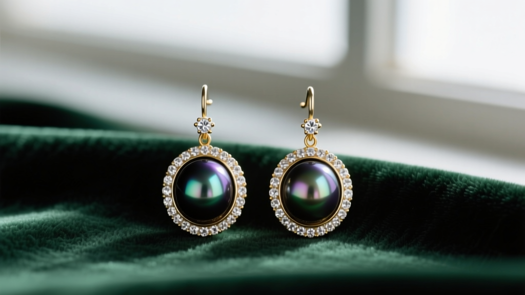 Macro shot of vintage black Tahitian pearl drop earrings in 18k white gold with diamond halos on dark green velvet fabric.