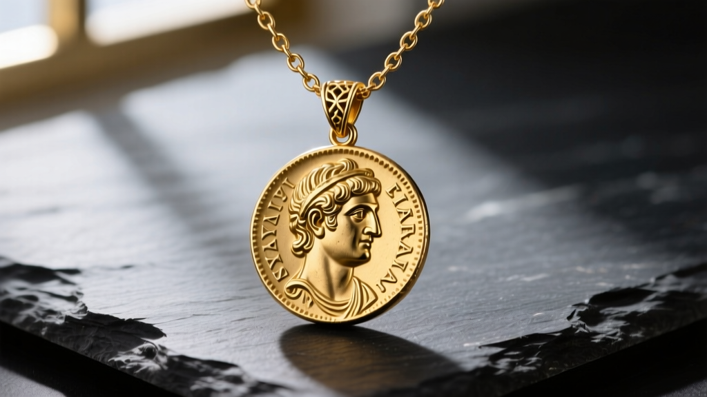 Macro shot of an 18k gold vermeil ancient roman necklace featuring a detailed replica Aureus coin pendant resting on dark slate