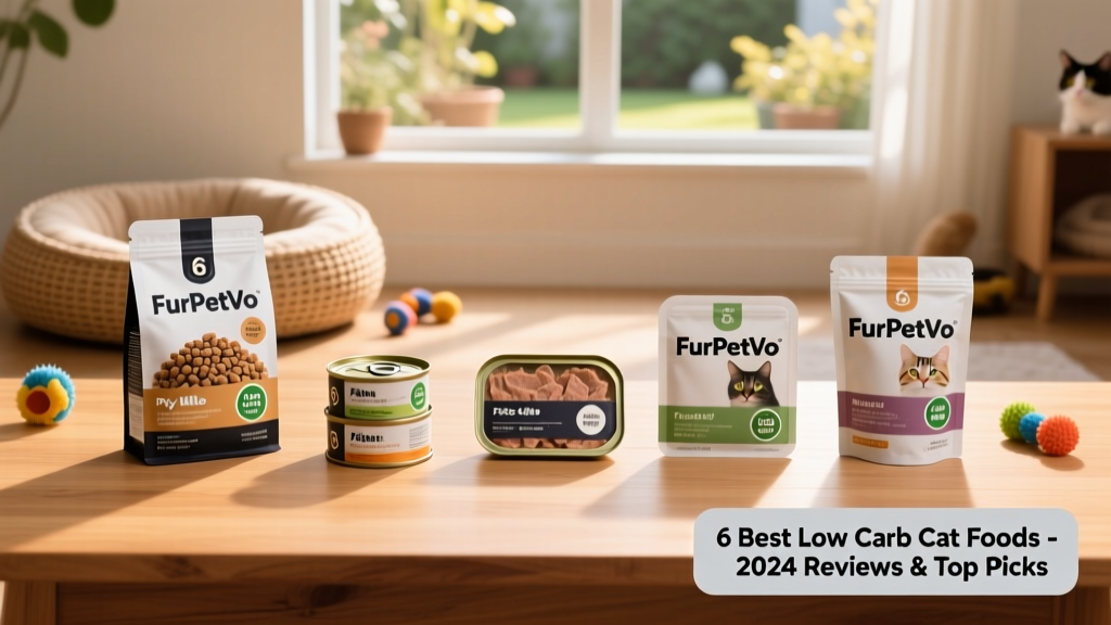Side-by-side comparison of six FurPetVo cat food packages: dry kibble, pate cans, freeze-dried trays, and pouches, arranged neatly on a clean wooden surface