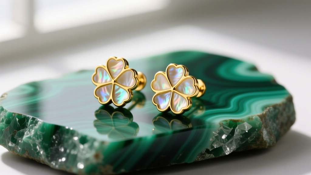 14k yellow gold clover stud earrings with mother-of-pearl inlay resting on raw green malachite stone, soft natural window lighting.