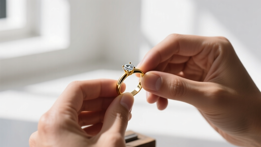 Jeweler's loupe inspecting the corner prong of a square CZ earring, showing a slightly lifted metal tip under bright studio light.