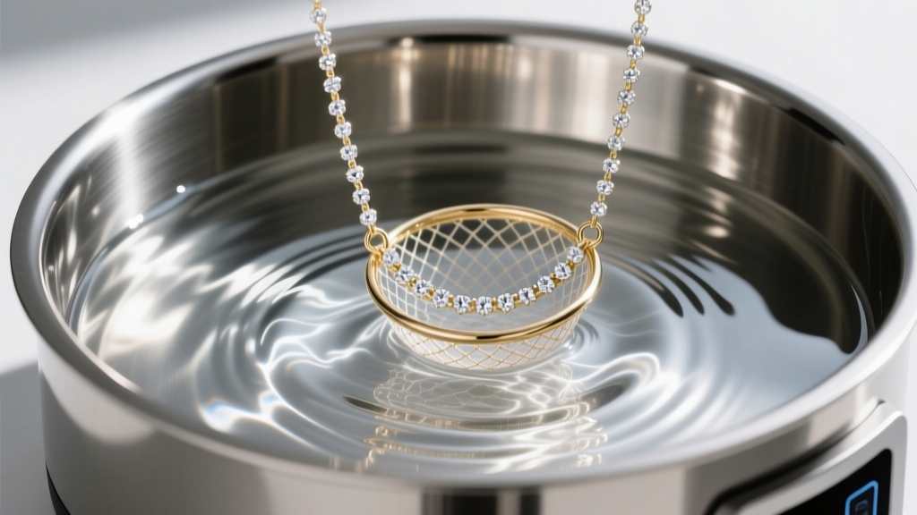 Stainless steel ultrasonic tank with rippling fluid, holding a suspended white gold chain with small diamonds inside a mesh basket.