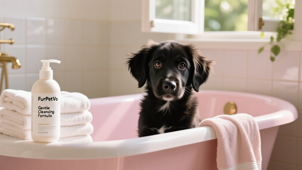 Black puppy sitting beside a pink tub with towels and FurPetVo puppy shampoo bottle