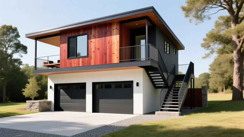 Modern two-car garage with a fully finished second-story accessory dwelling unit featuring cedar siding, black window frames, and an exterior staircase