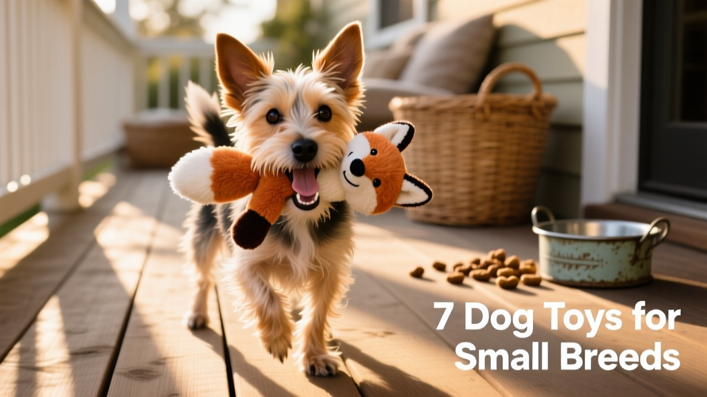 A small terrier happily carrying a plush fox toy in its mouth, ears perked