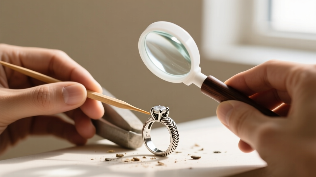 Jeweler using a wooden toothpick and 10x loupe to clean debris from the crevice of a stuck sterling silver spring ring clasp