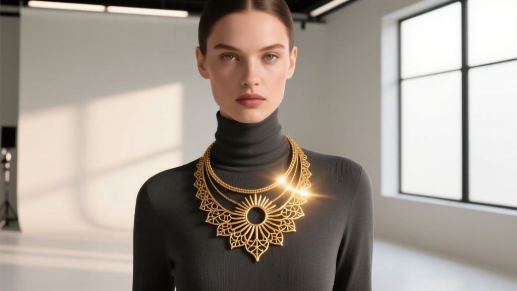 Model wearing a layered gold vermeil sunrise on the reaping necklace over a charcoal turtleneck, soft studio lighting, modern fashion.