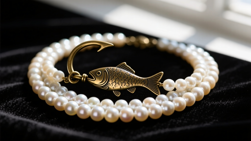 Detailed close-up of a vintage brass fishhook clasp securing a multi-strand freshwater pearl necklace on a dark velvet surface
