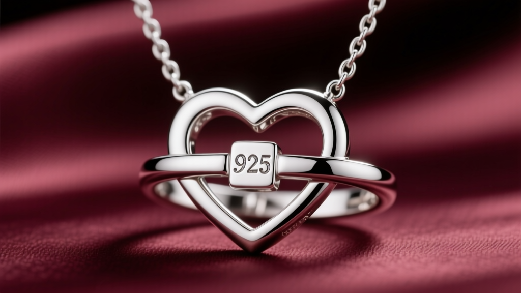 Close-up of a silver open heart necklace clasp showing the .925 hallmark stamp, sharply focused against a blurred silk backdrop.