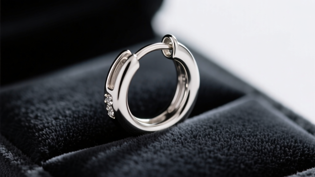 Macro shot of a 16-gauge solid platinum huggie earring with a secure clicker closure, resting on a dark velvet jewelry display
