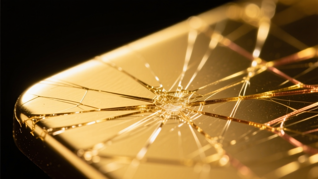 Macro photo of micro-scratches on an 18k yellow gold surface caused by abrasive cleaning, illuminated by harsh directional light.