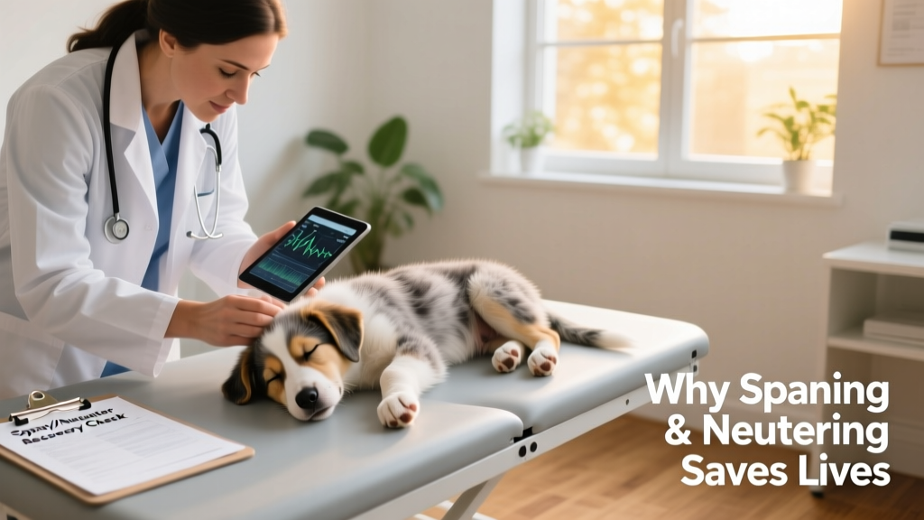 Veterinarian gently examining a calm, post-operative puppy during a follow-up visit