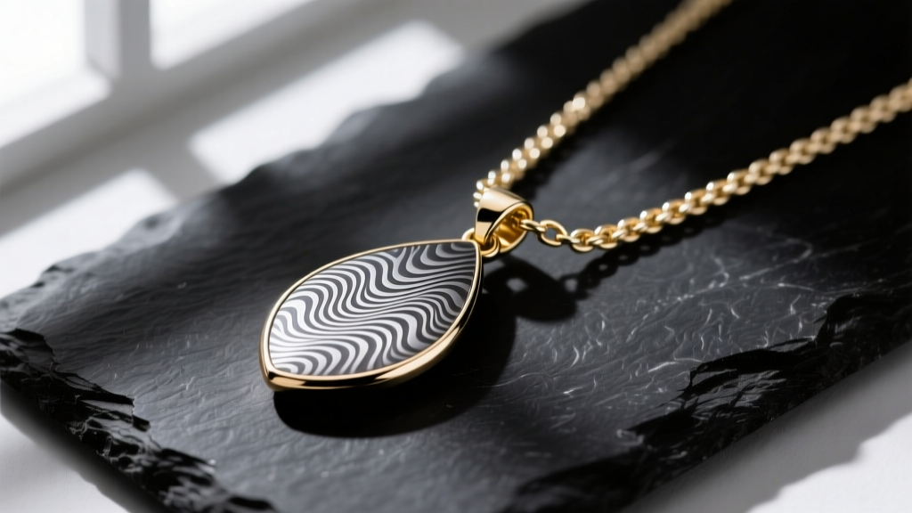 Close-up of a forged Damascus steel teardrop pendant on an 18k white gold wheat chain, resting gracefully on dark slate