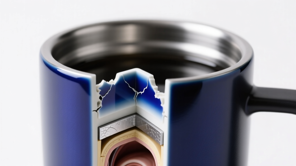 Cross-section diagram style photo showing the 300-micron duraCeramic coating peeling inside a stainless steel Ember Travel Mug 2 Plus