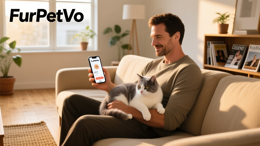 Person relaxing on the sofa with a calm cat curled up on their lap while using the FurPetVo app