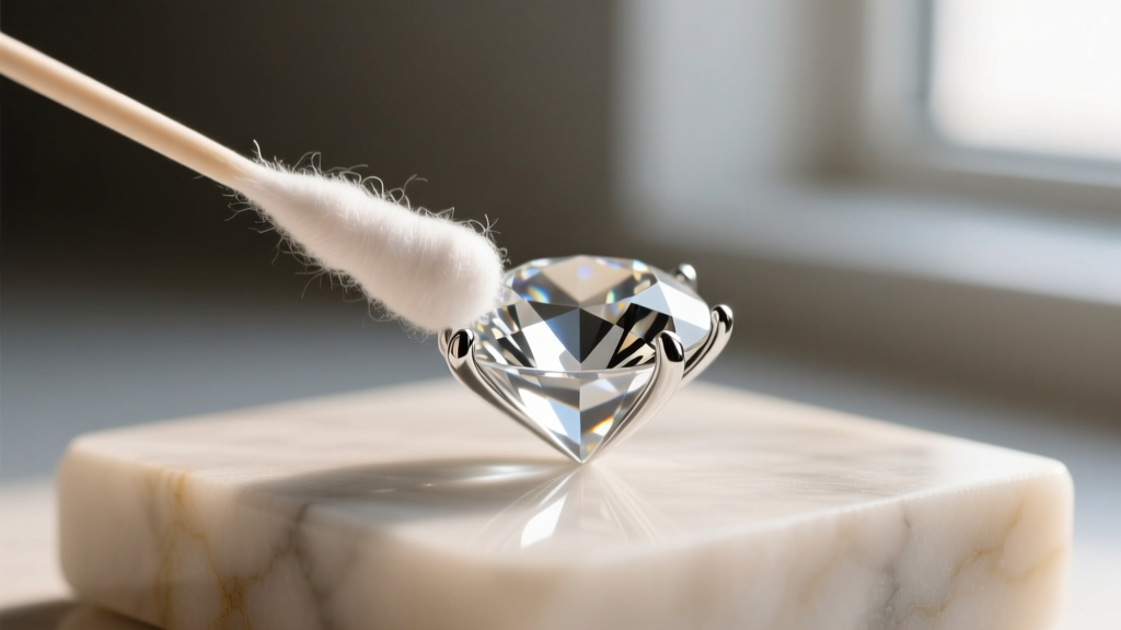 Macro photography of a cotton swab gently cleaning the silver prongs of a foiled glass rhinestone, avoiding the stone's back