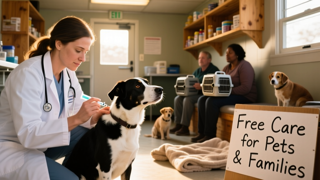 vet giving shot to black and white dog