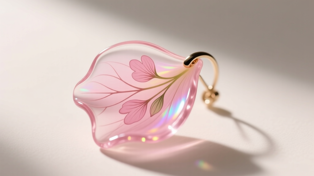 Macro shot of a translucent pink acrylic flower petal earring revealing hand-painted details and light refraction on the edges.