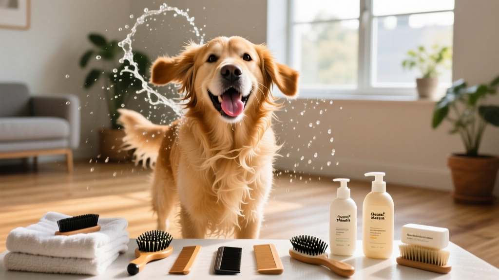 Happy dog shaking off water after a FurPetVo grooming session, with towels and supplies neatly organized nearby