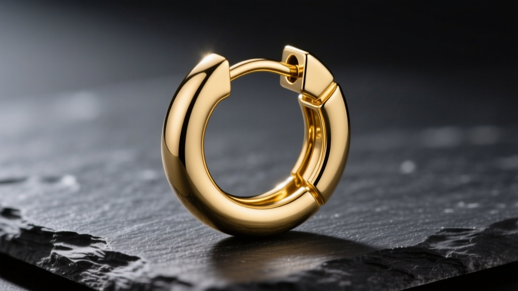 A 14k yellow gold 20mm hinged hoop earring on dark slate, with studio lighting highlighting the polished metal and snap closure.