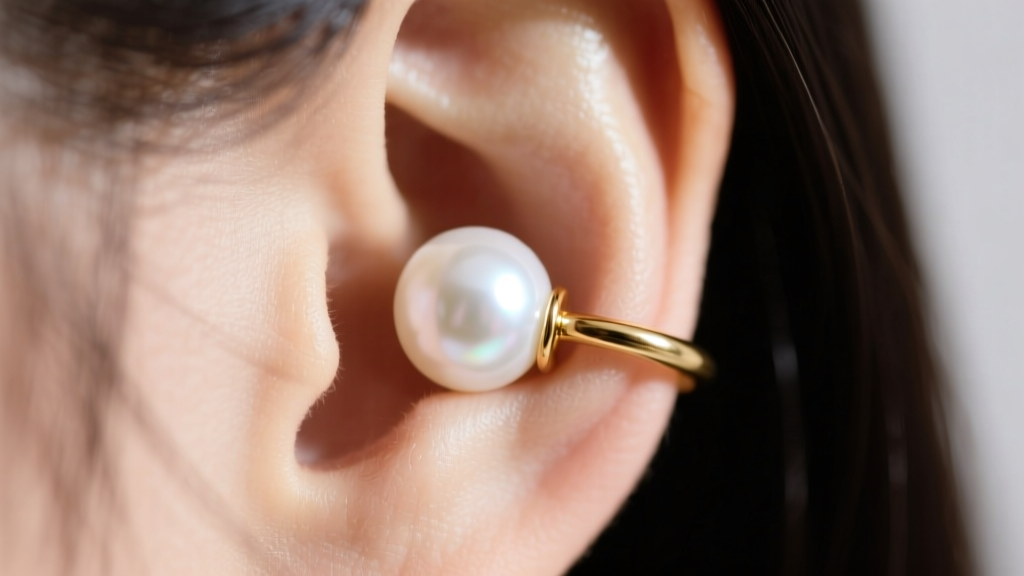 Macro shot of a 3mm white Akoya pearl on a 16-gauge gold helix cuff, nestled in the upper ear cartilage against softly blurred hair.