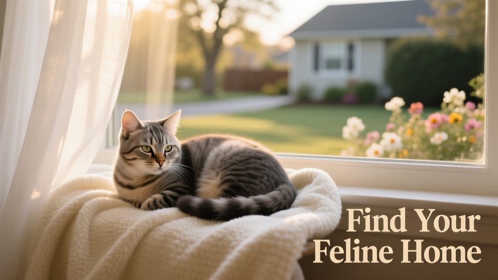 A serene image of a cat curled up on a soft blanket beside a window, bathed in natural light—symbolizing safety, comfort, and hope