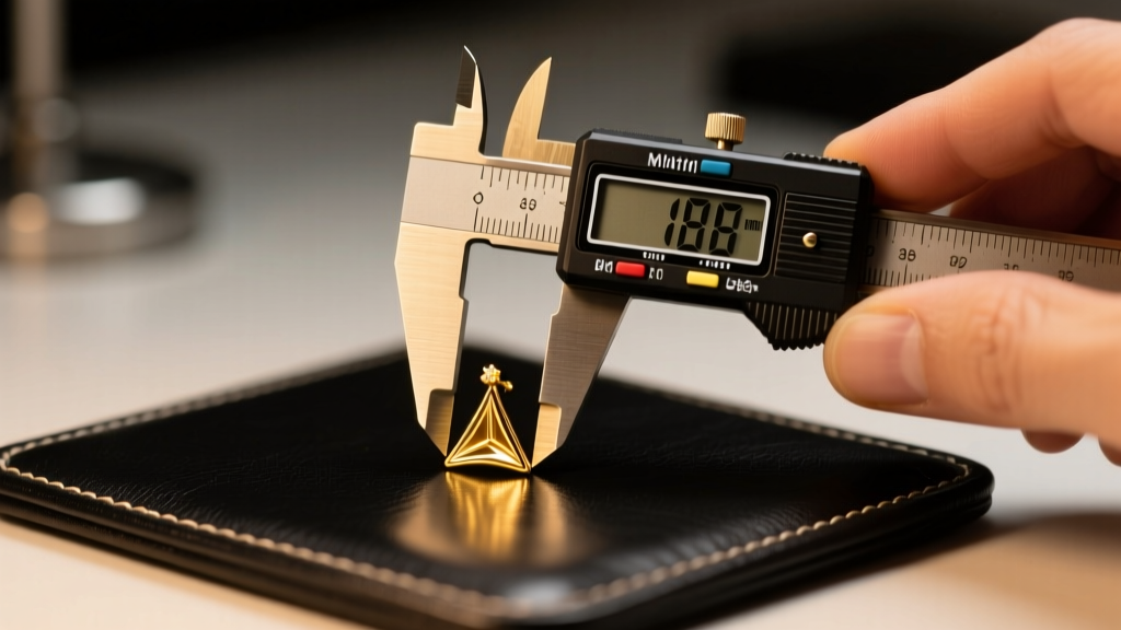 Jeweler using digital calipers to measure prong thickness of an 18k yellow gold martini stud earring under warm bench lighting.