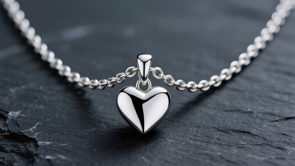 A 1.5mm sterling silver rolo chain threaded through a polished heart charm bail, photographed against a dark slate background.
