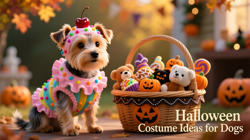 A small terrier wearing a colorful cupcake costume with pink ruffles, sprinkles, and a faux cherry on top, sitting beside a decorated Halloween basket