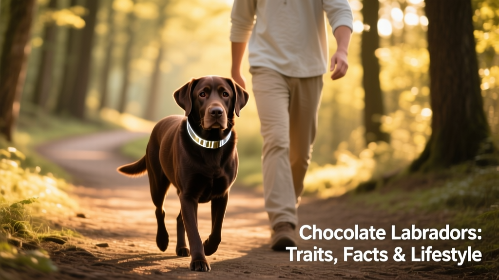 A Chocolate Labrador Retriever wearing a reflective collar, walking calmly beside its owner on a sunny trail