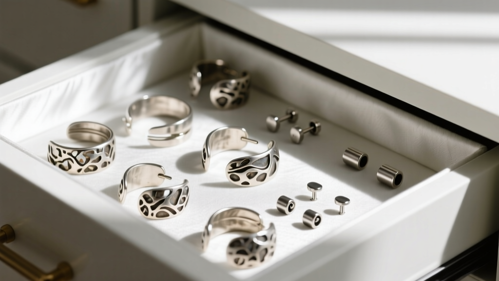 Close-up of a jewelry drawer lined with Pacific Silvercloth fabric, holding oxidized silver ear cuffs and 16g titanium clickers