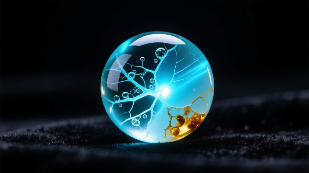 Macro shot of a UV flashlight illuminating a Baltic amber bead glowing fluorescent pale blue against a dark velvet background.