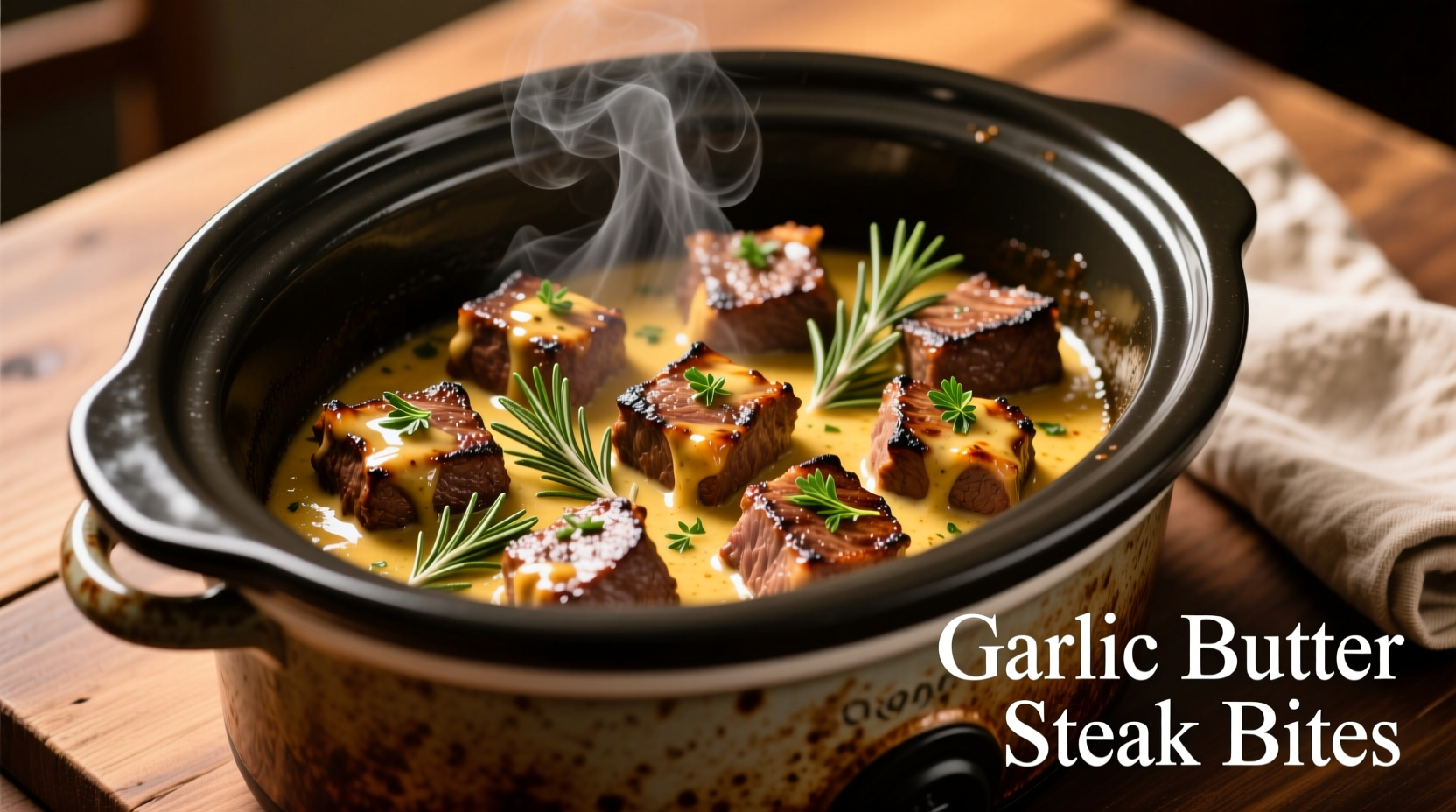 Garlic butter steak bites in crock pot with fresh herbs