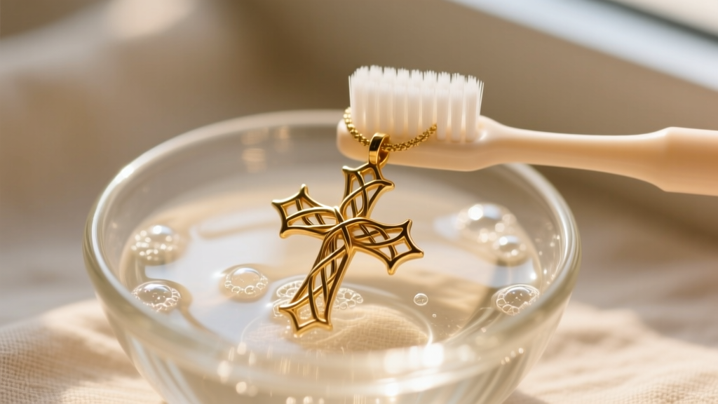 Soft baby toothbrush scrubbing woven thorns of a 14k gold cross pendant submerged in a small glass bowl of warm, soapy water.