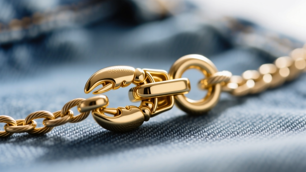 Macro shot of a 14k gold-filled lobster clasp on a 1.2mm cable chain, highlighting the secure mechanism against blurred denim.