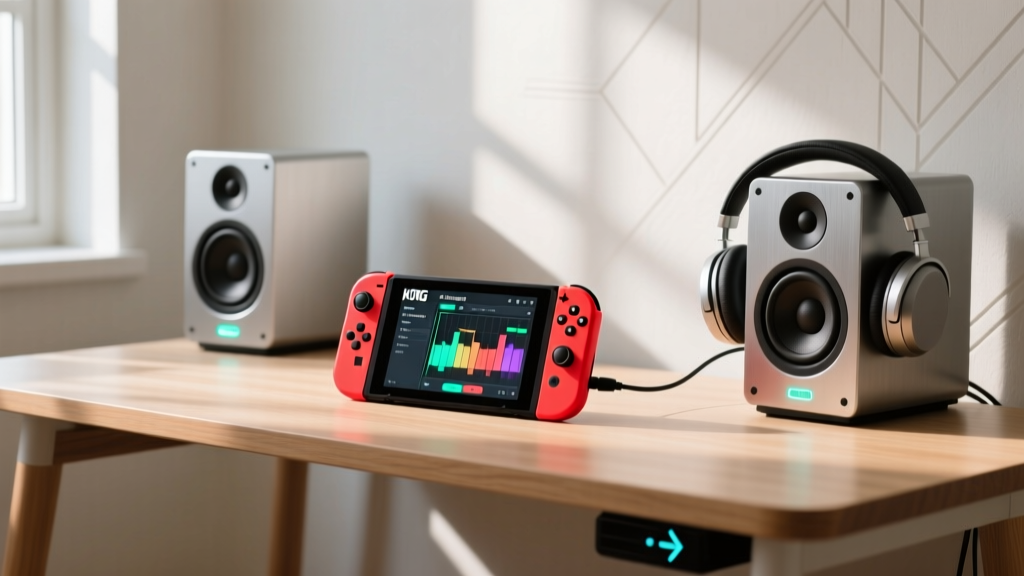 Nintendo Switch running KORG Gadget connected to sleek Bluetooth studio monitors on a minimalist travel desk setup.