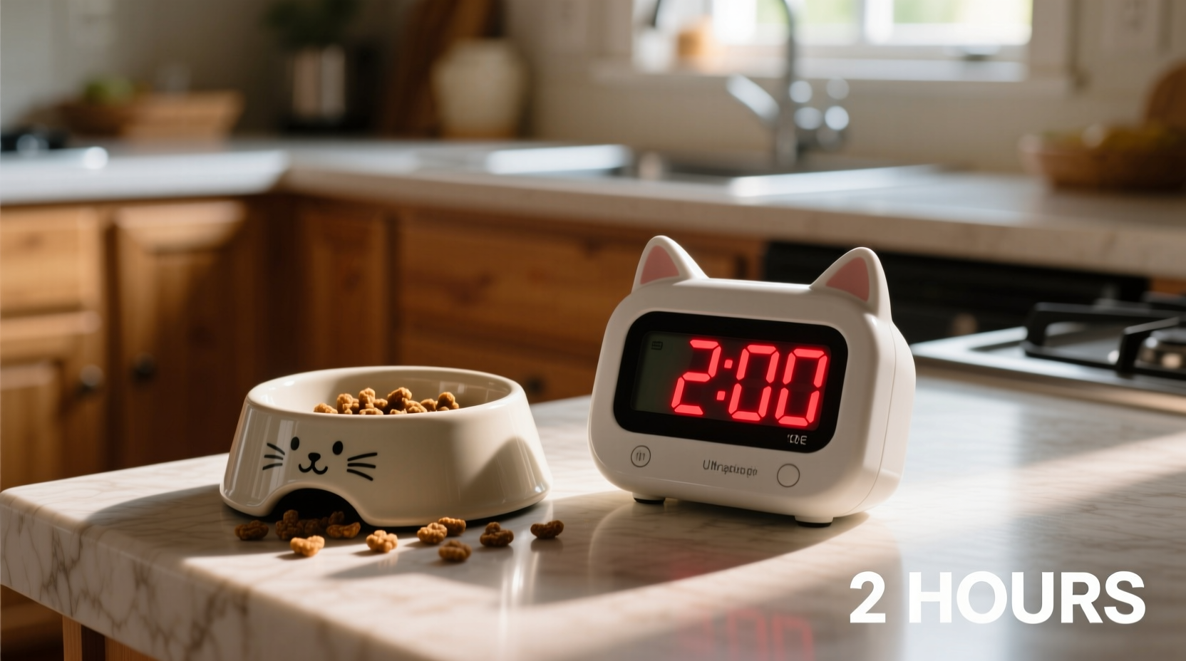 Timer next to cat food bowl showing 2 hour limit