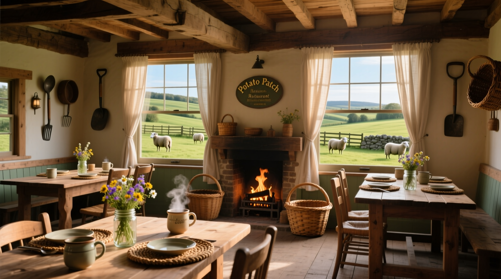 Potato Patch Restaurant dining area with rustic decor and farm views
