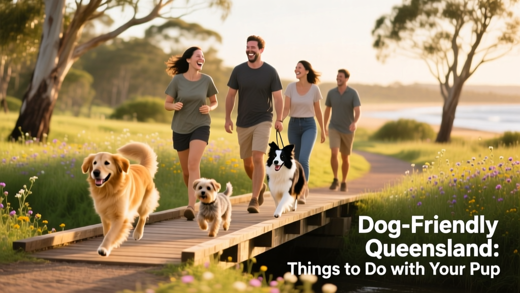 A group of pet parents walking their dog on a dog-friendly walking trail in Queensland.