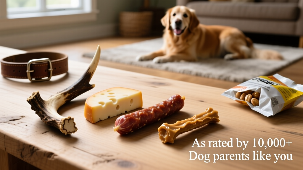 Close-up of a variety of safe, long-lasting dog chews arranged on a clean wooden surface: antler, yak cheese, bully stick, and mini peanut butter stick