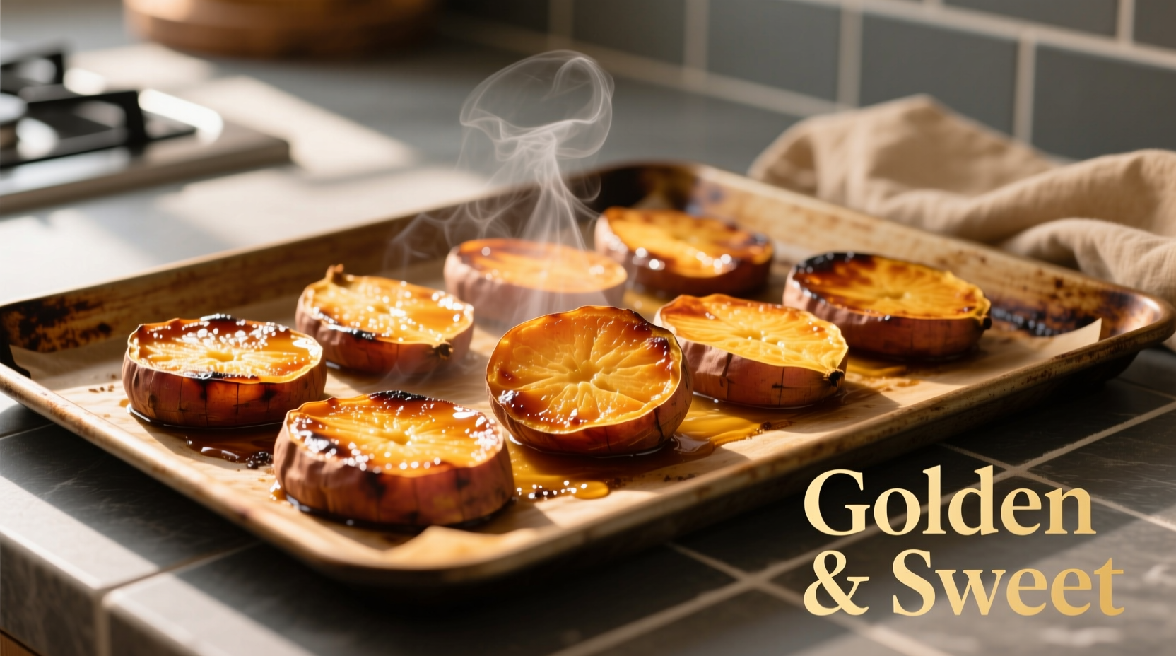 Golden roasted sweet potato slices on baking sheet