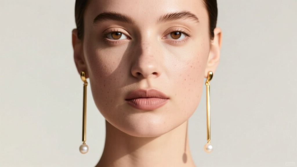 Portrait of a woman with a round face wearing long vertical gold threader earrings with pearl terminals to elongate her jawline.