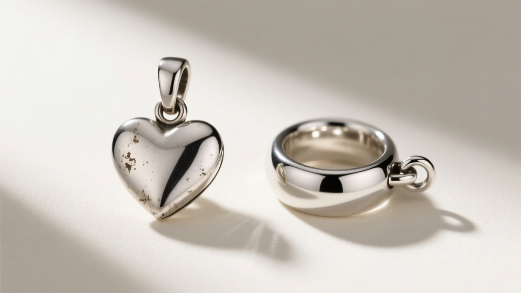 Close-up of a sterling silver heart pendant bail showing slight wear and tarnish compared to a pristine platinum bail beside it